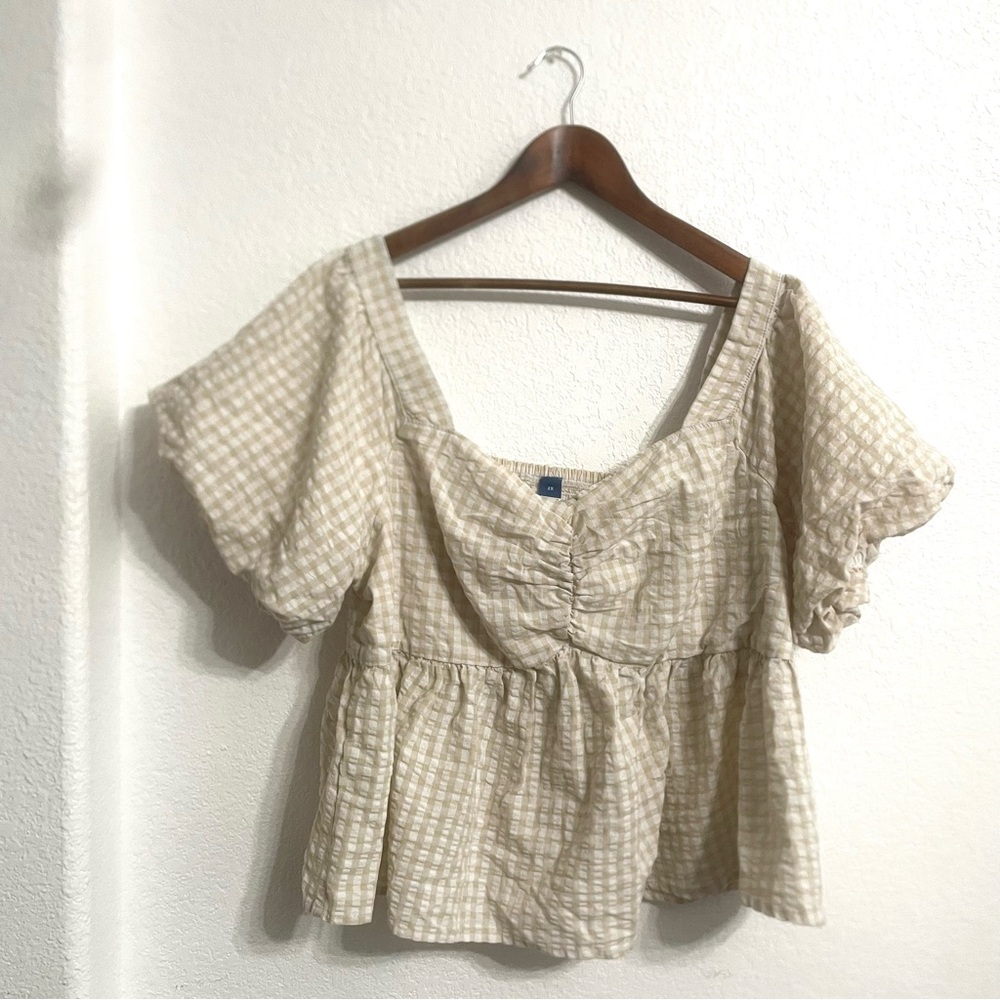 Old Navy Womens Shirt Blouse Cream White Gingham Plaid Puff Sleeve Plus Size 2X